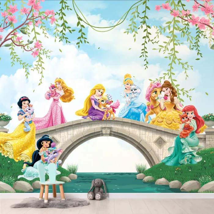 Papel de Parede Princesas Disney Infantil com Jardim Encantado e Ponte Mágica