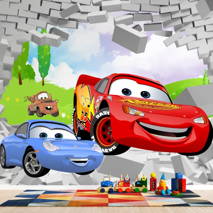 Papel de Parede Relâmpago McQueen Infantil com Efeito Parede Quebrada 3D