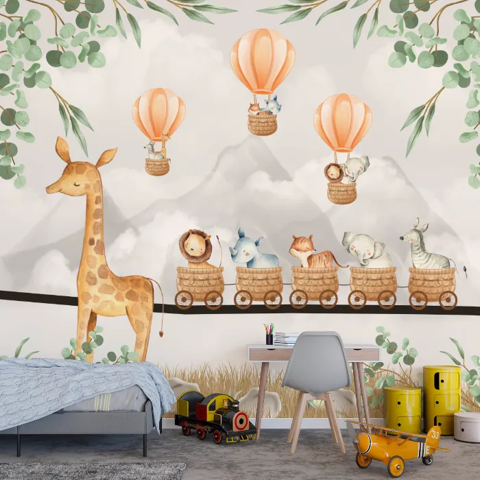 Papel de Parede Safari Baby com Trem dos Animais e Balões Encantados