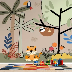 Papel de Parede Safari Escandinavo com Tigre e Preguiça Infantil - Imagem 3