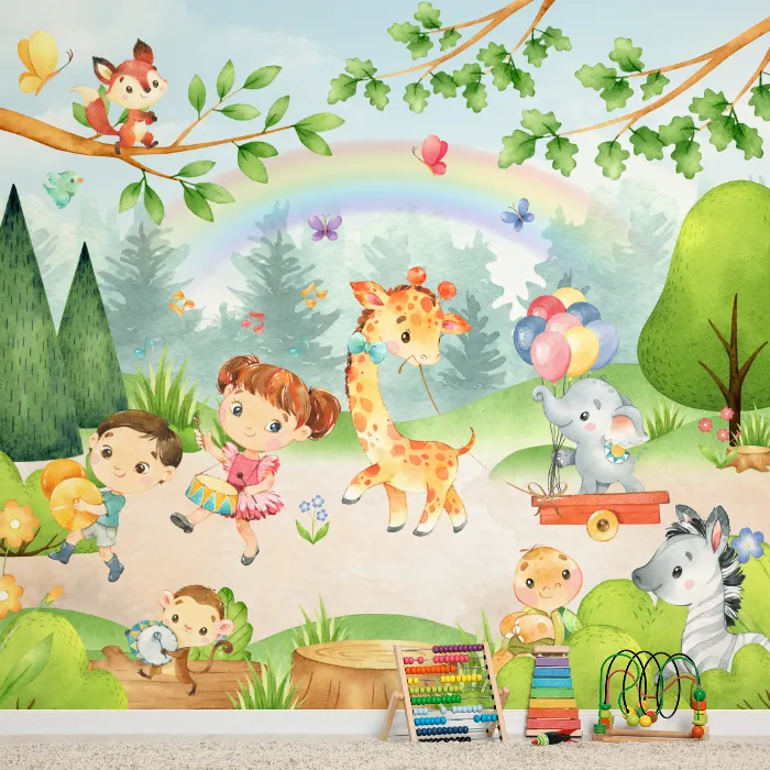 Papel de Parede Safari Infantil Encantado com Animais e Crianças Aquareladas