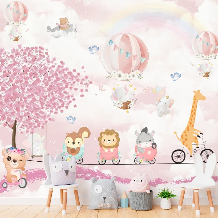 Papel de Parede Safari Menina Baloeiro com Animais Encantados e Balões Rosa