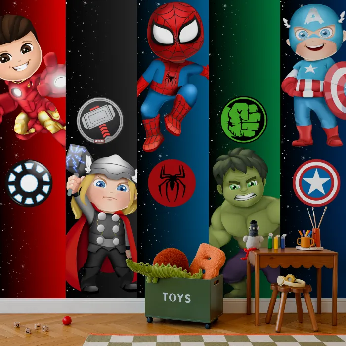 Papel de Parede Super Heróis Baby com Homem de Ferro, Hulk, Thor e Capitão América