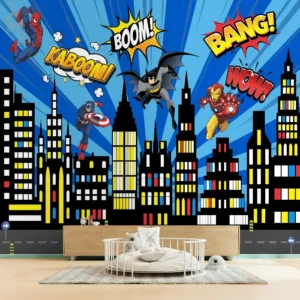 Papel de Parede Super Heróis na Cidade com Batman, Homem de Ferro e Capitão América - Imagem 3