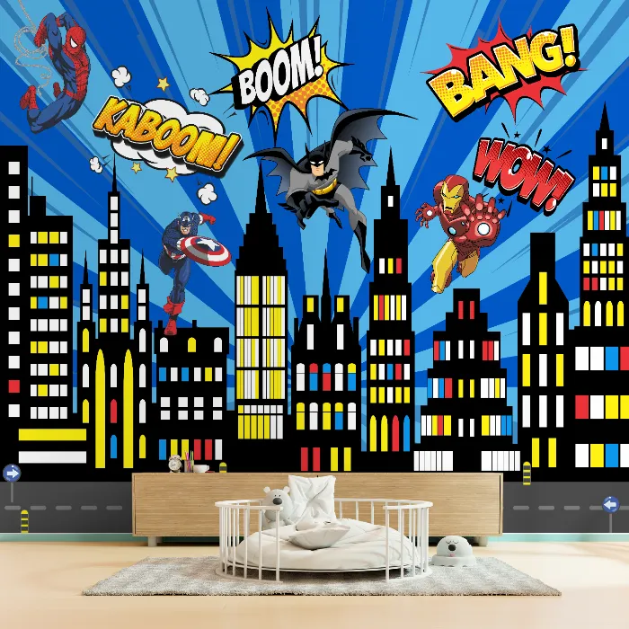 Papel de Parede Super Heróis na Cidade com Batman, Homem de Ferro e Capitão América
