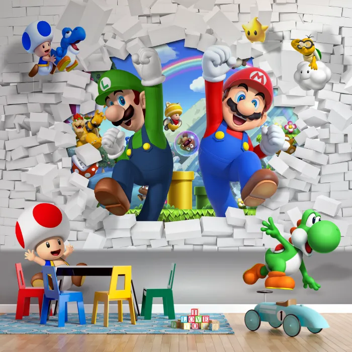 Papel de Parede Super Mario Bros 3D com Mario, Luigi e Amigos