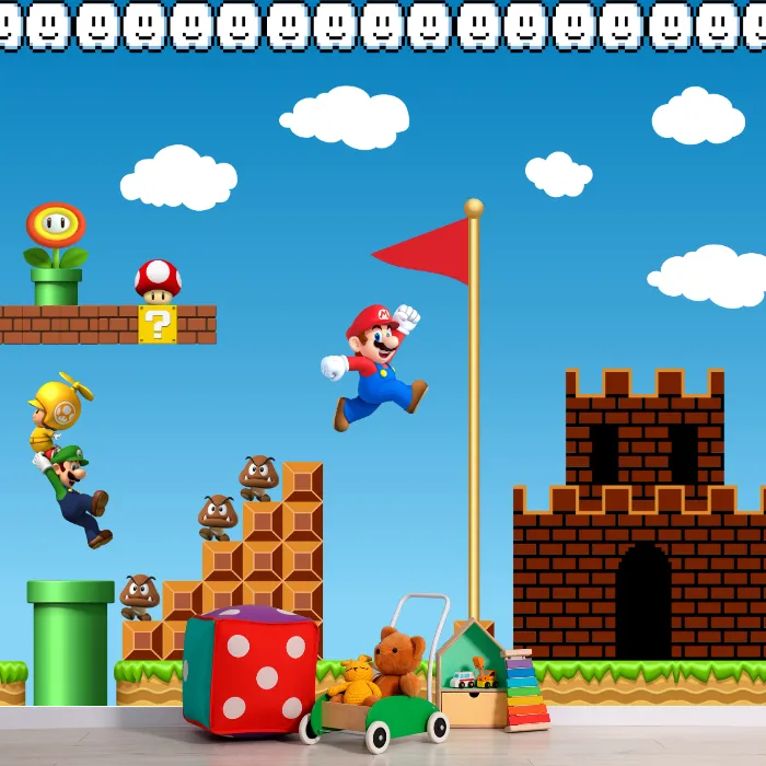 Papel de Parede Super Mario Bros Clássico com Castelo e Bandeira Final