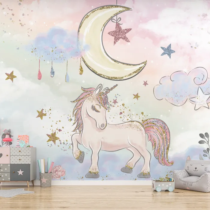 Papel de Parede Unicórnio Encantado com Lua e Estrelas para Quarto Infantil