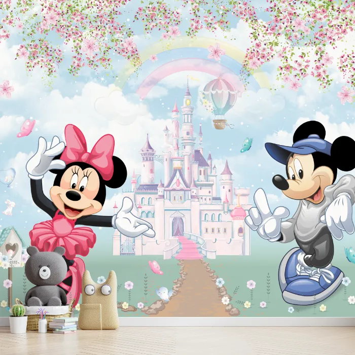 Papel de Parede Minnie Bailarina e Mickey no Castelo Encantado Infantil