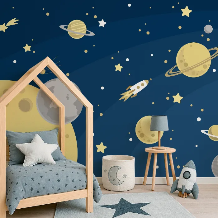 Papel de Parede Espaço Sideral Infantil com Planetas e Foguetes
