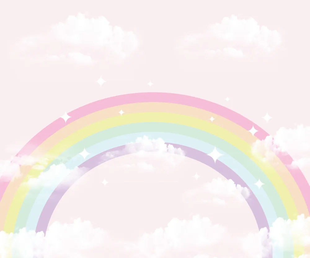 Papel de Parede Arco-Íris Candy Colors com Nuvens e Estrelas para Quarto Infantil