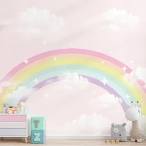Papel de Parede Arco-Íris Candy Colors com Nuvens e Estrelas para Quarto Infantil - Imagem 3