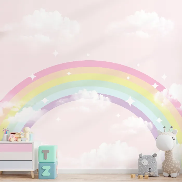Papel de Parede Arco-Íris Candy Colors com Nuvens e Estrelas para Quarto Infantil