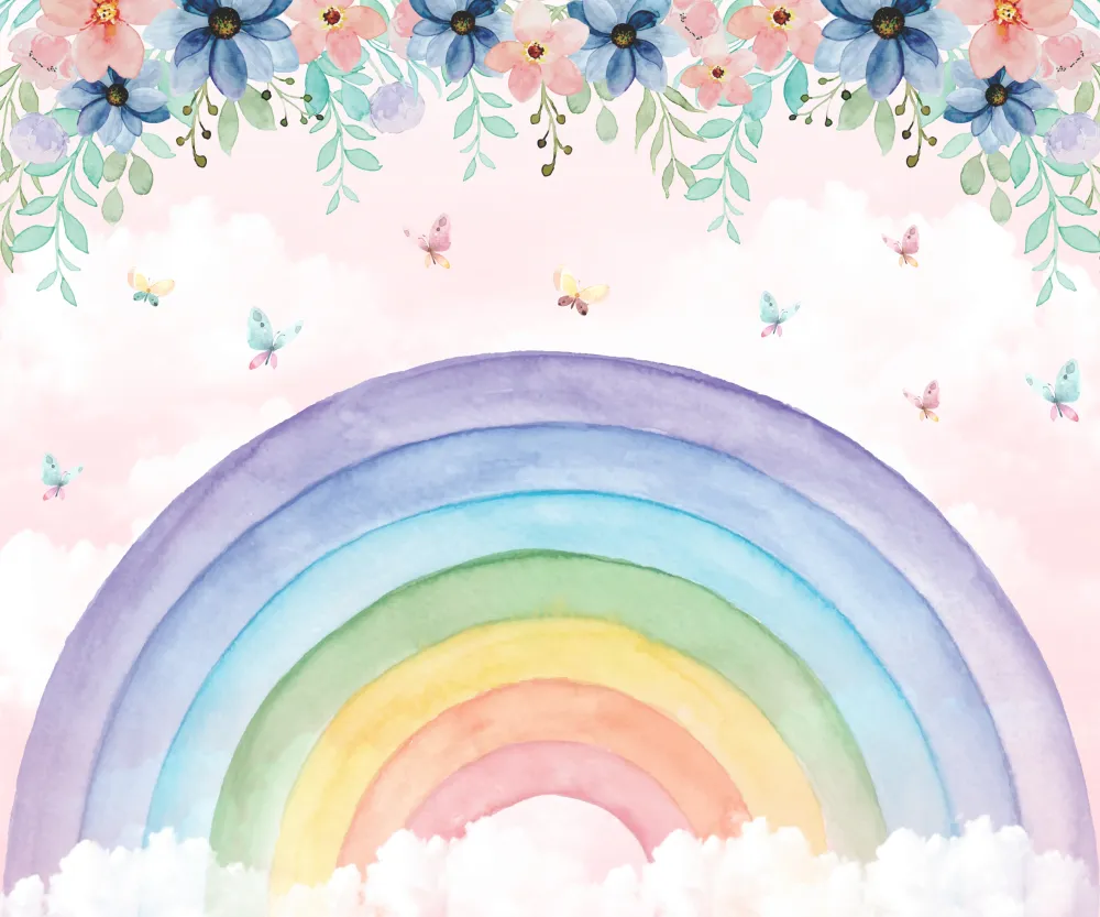 Papel de Parede Arco-Íris Floral Baby com Flores Delicadas e Borboletas