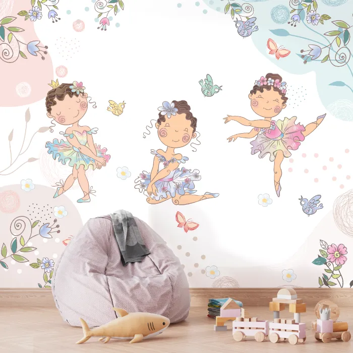Papel de Parede Bailarina Infantil com Flores e Borboletas