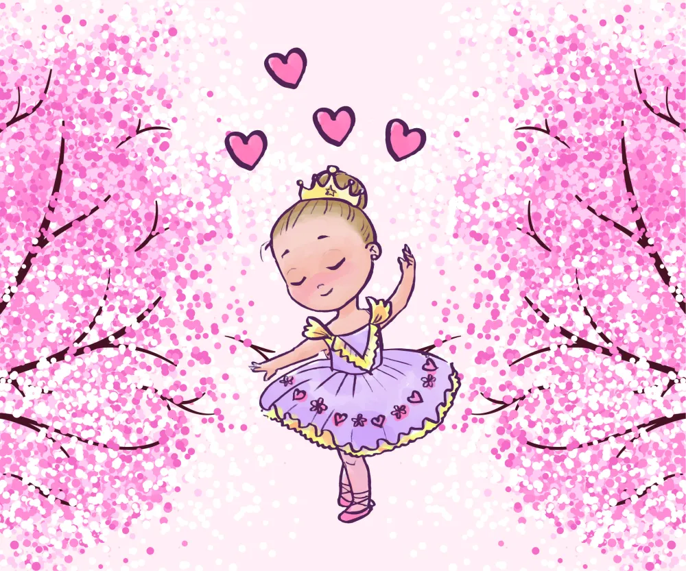 Papel de Parede Bailarina Princesa com Cerejeiras e Corações
