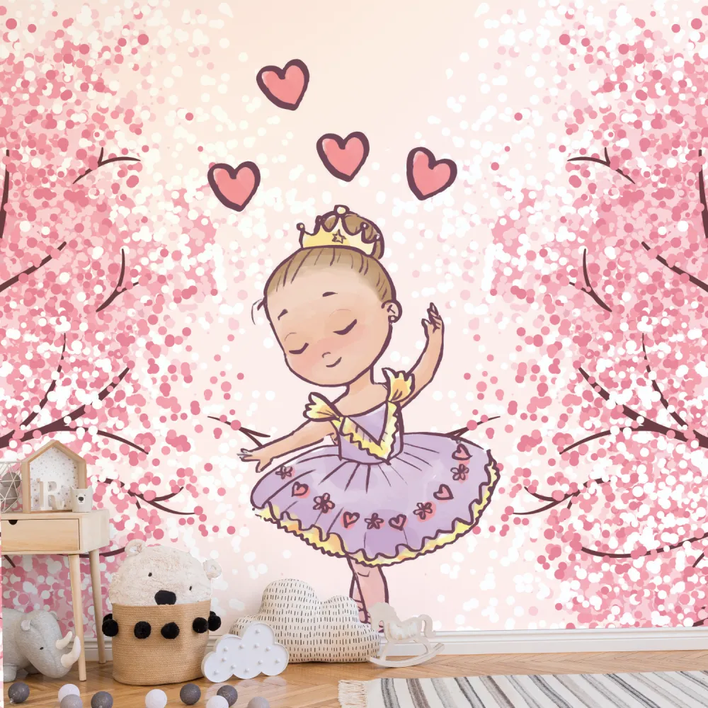 Papel de Parede Bailarina Princesa com Cerejeiras e Corações