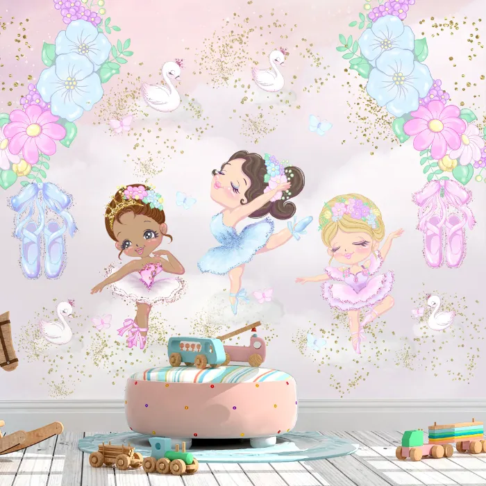 Papel de Parede Ballet Encantado com Bailarinas e Cisnes