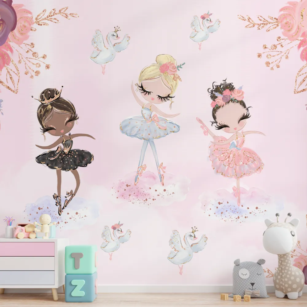 Papel de Parede Ballet Princesas com Bailarinas e Cisnes