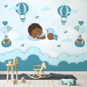 Papel de Parede Bebê Dormindo nas Nuvens com Balões Azul para Quarto de Menino - Imagem 3