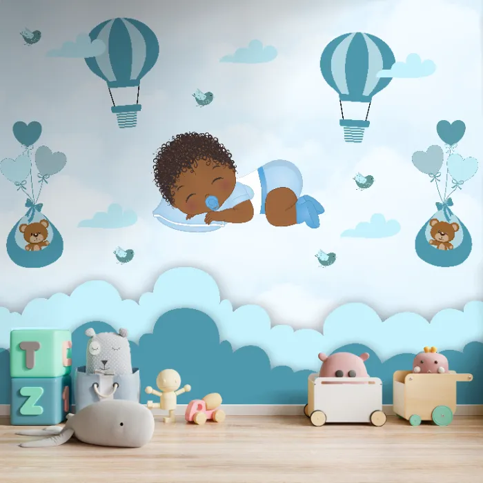 Papel de Parede Bebê Dormindo nas Nuvens com Balões Azul para Quarto de Menino