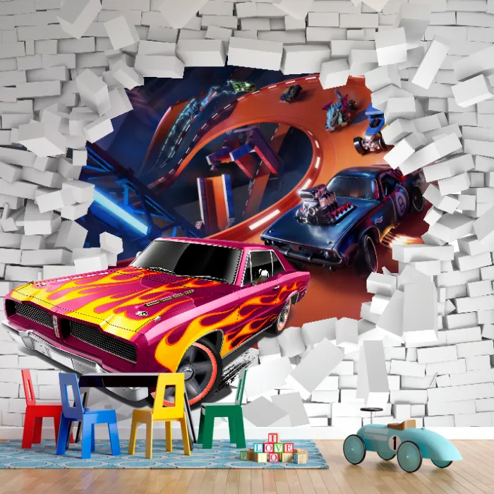 Papel de Parede Carros Infantil com Pista Radical e Efeito Parede Quebrada 3D