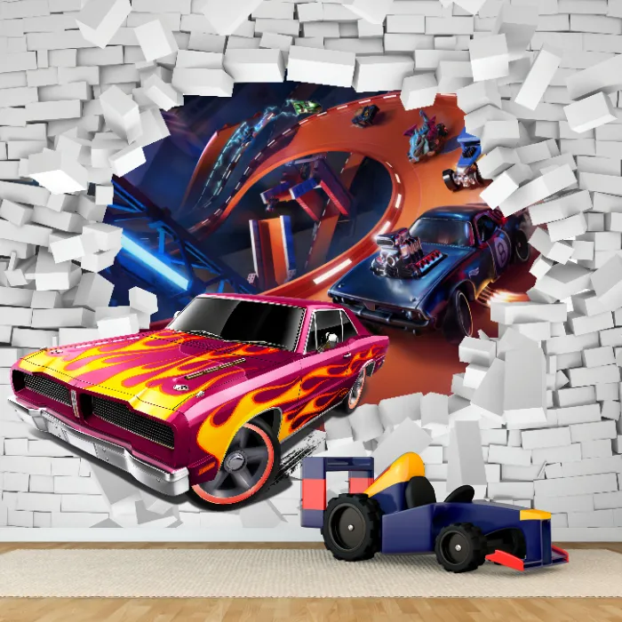 Papel de Parede Carros Infantil com Pista Radical e Efeito Parede Quebrada 3D