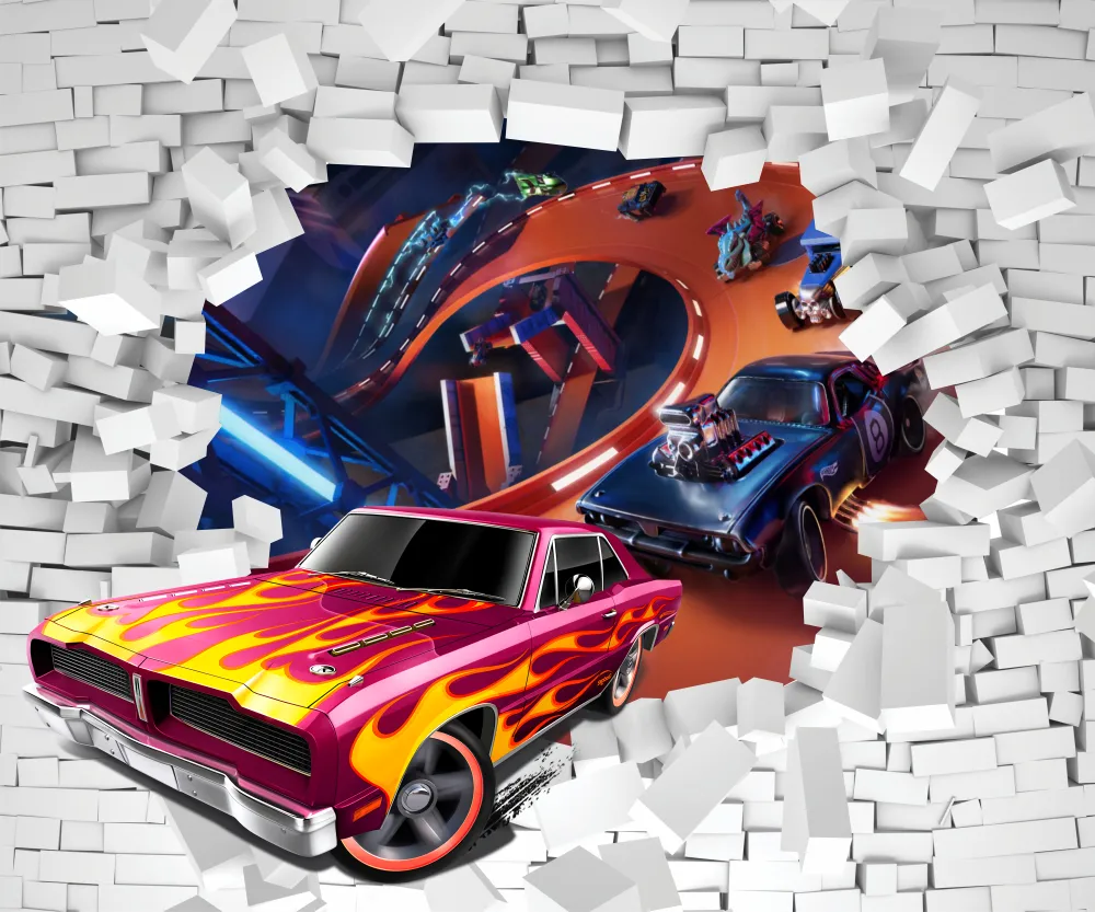 Papel de Parede Carros Infantil com Pista Radical e Efeito Parede Quebrada 3D