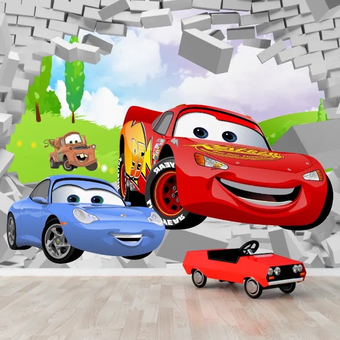 Papel de Parede Relâmpago McQueen Infantil com Efeito Parede Quebrada 3D