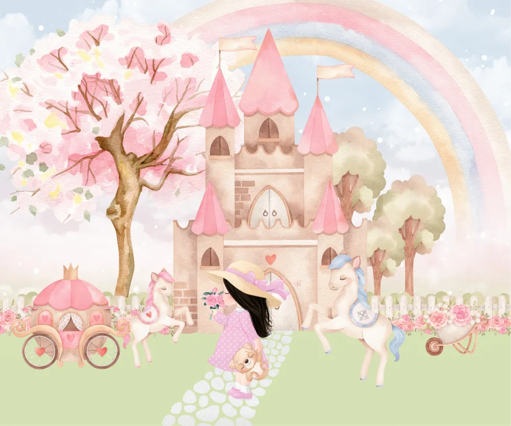 Papel de Parede Castelo Encantado Infantil com Princesa e Unicórnios