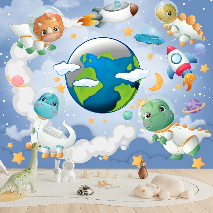 Papel de Parede Dinossauros Astronautas no Espaço Sideral Infantil