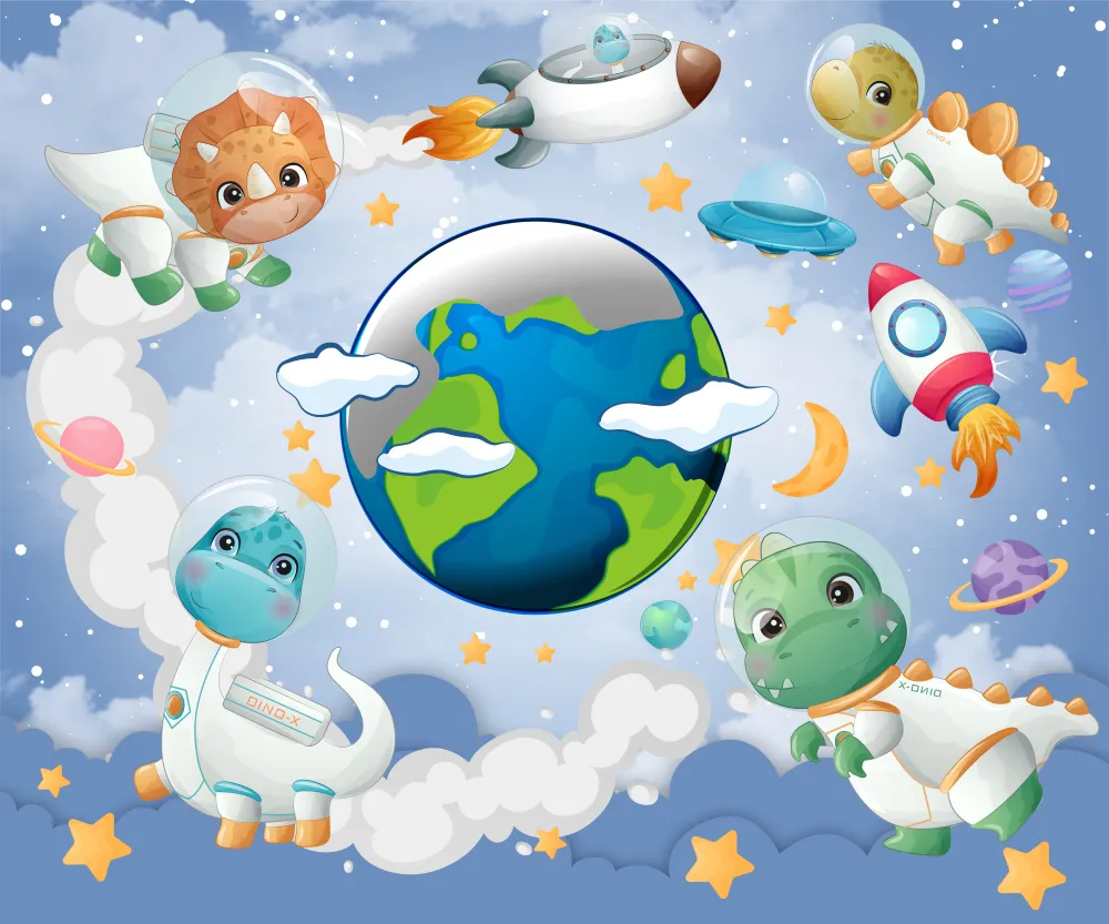 Papel de Parede Dinossauros Astronautas no Espaço Sideral Infantil