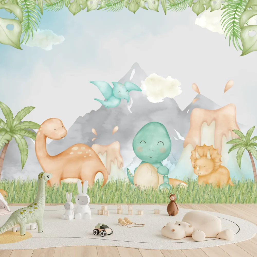 Papel de Parede Dinossauros Baby Aquarela para Quarto de Bebê Infantil