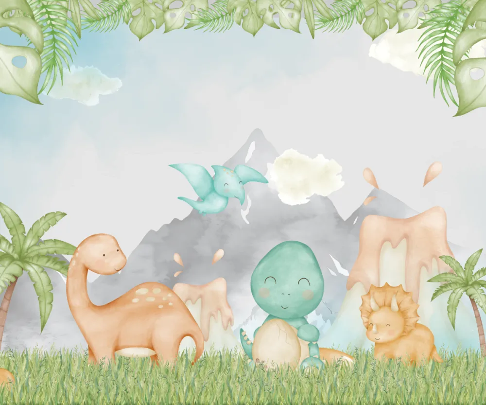 Papel de Parede Dinossauros Baby Aquarela para Quarto de Bebê Infantil