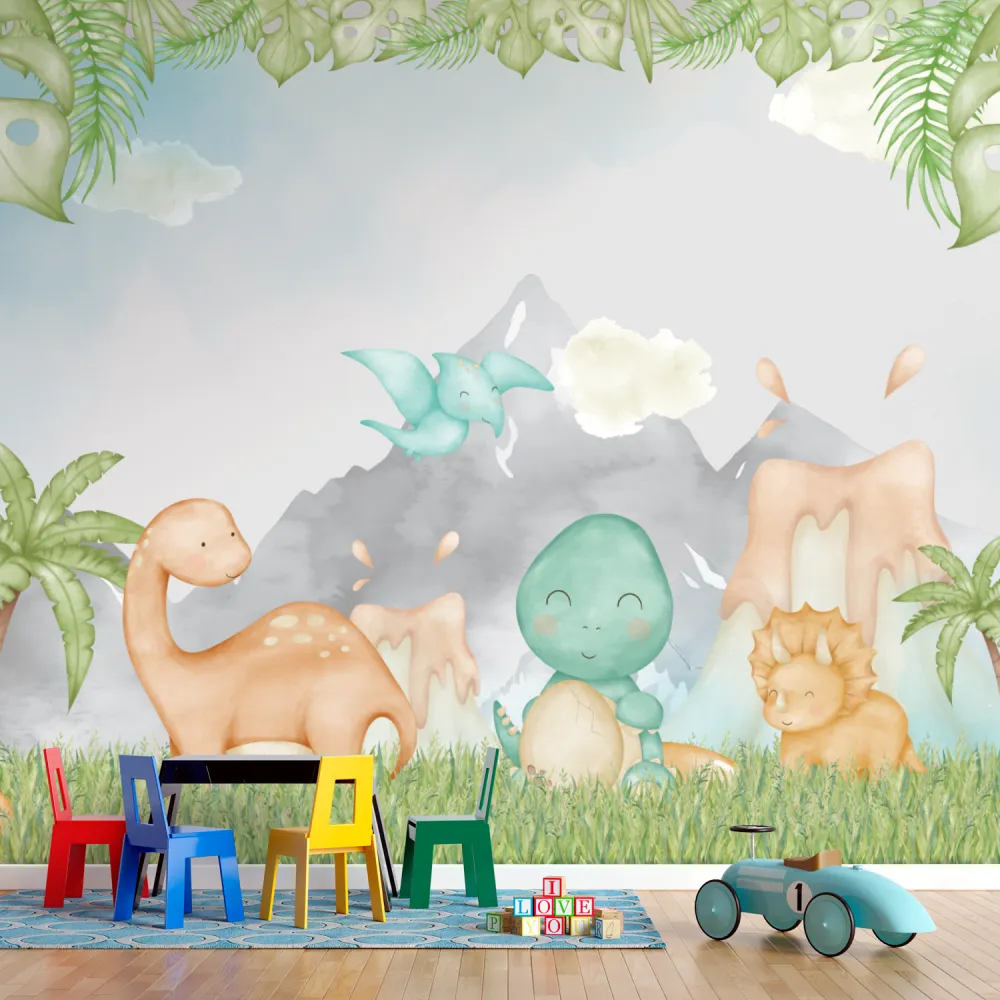 Papel de Parede Dinossauros Baby Aquarela para Quarto de Bebê Infantil