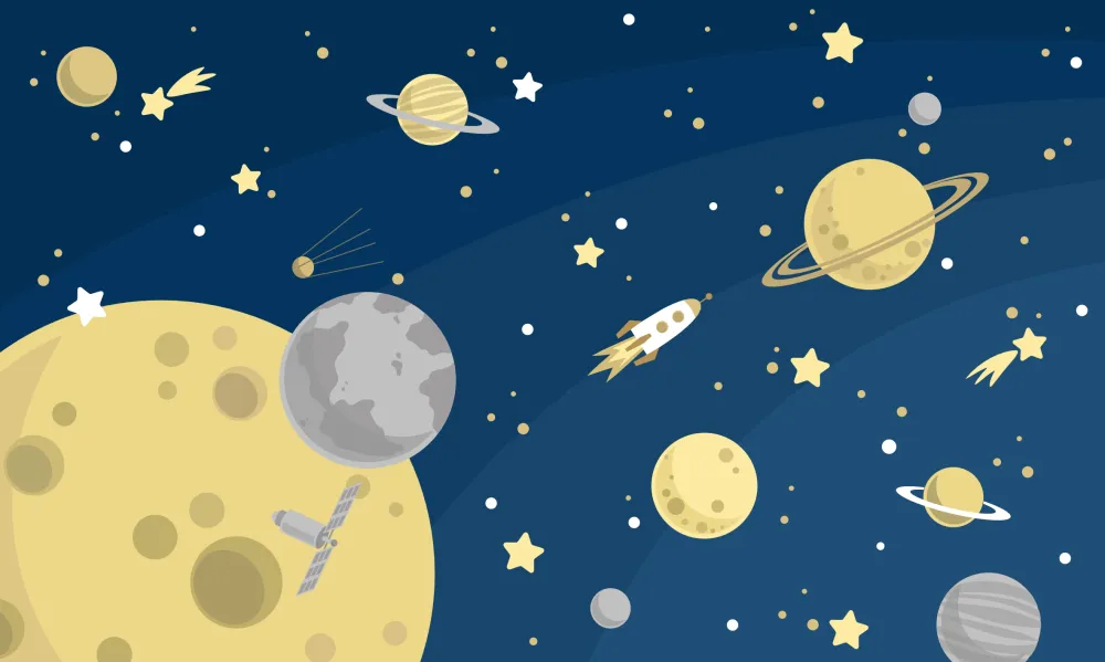 Papel de Parede Espaço Sideral Infantil com Planetas e Foguetes