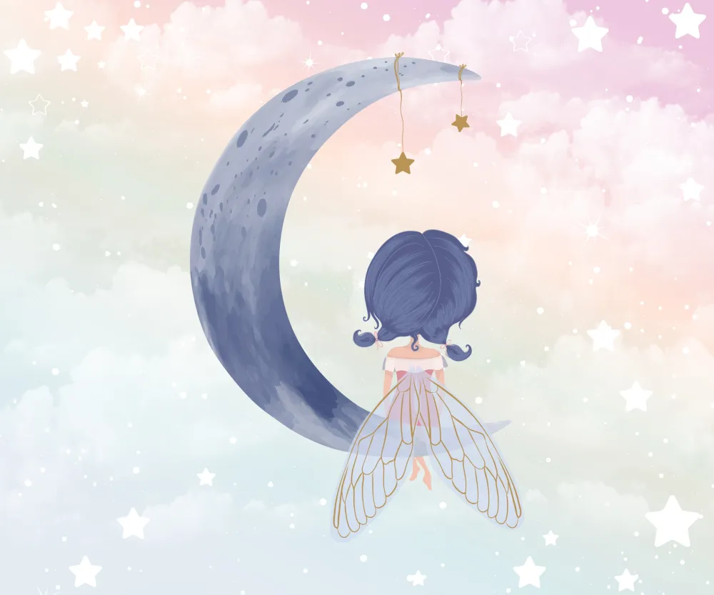 Papel de Parede Fadinha na Lua Encantada em Tons Pastel