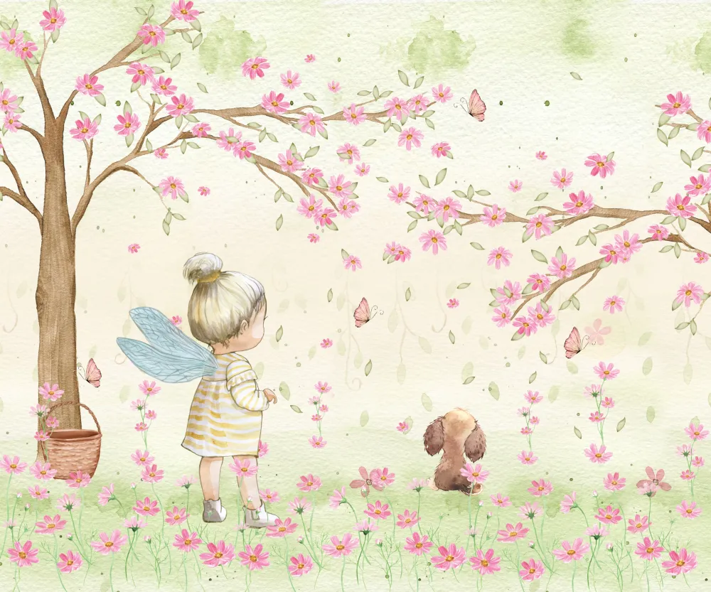 Papel de Parede Fadinha no Jardim das Flores com Cachorrinho Encantado