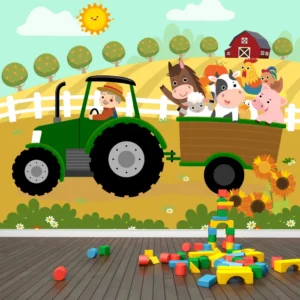 Papel de Parede Fazendinha Infantil com Trator e Animais da Fazenda - Imagem 3