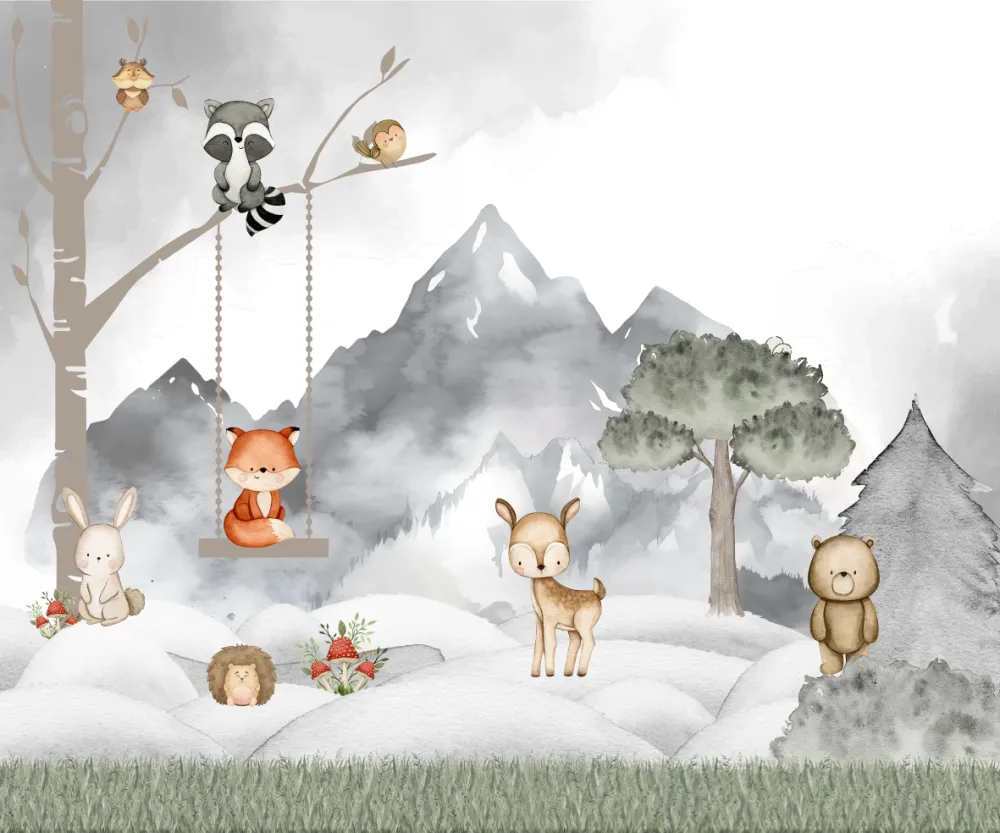 Papel de Parede Floresta Encantada Infantil com Raposa e Animais do Bosque
