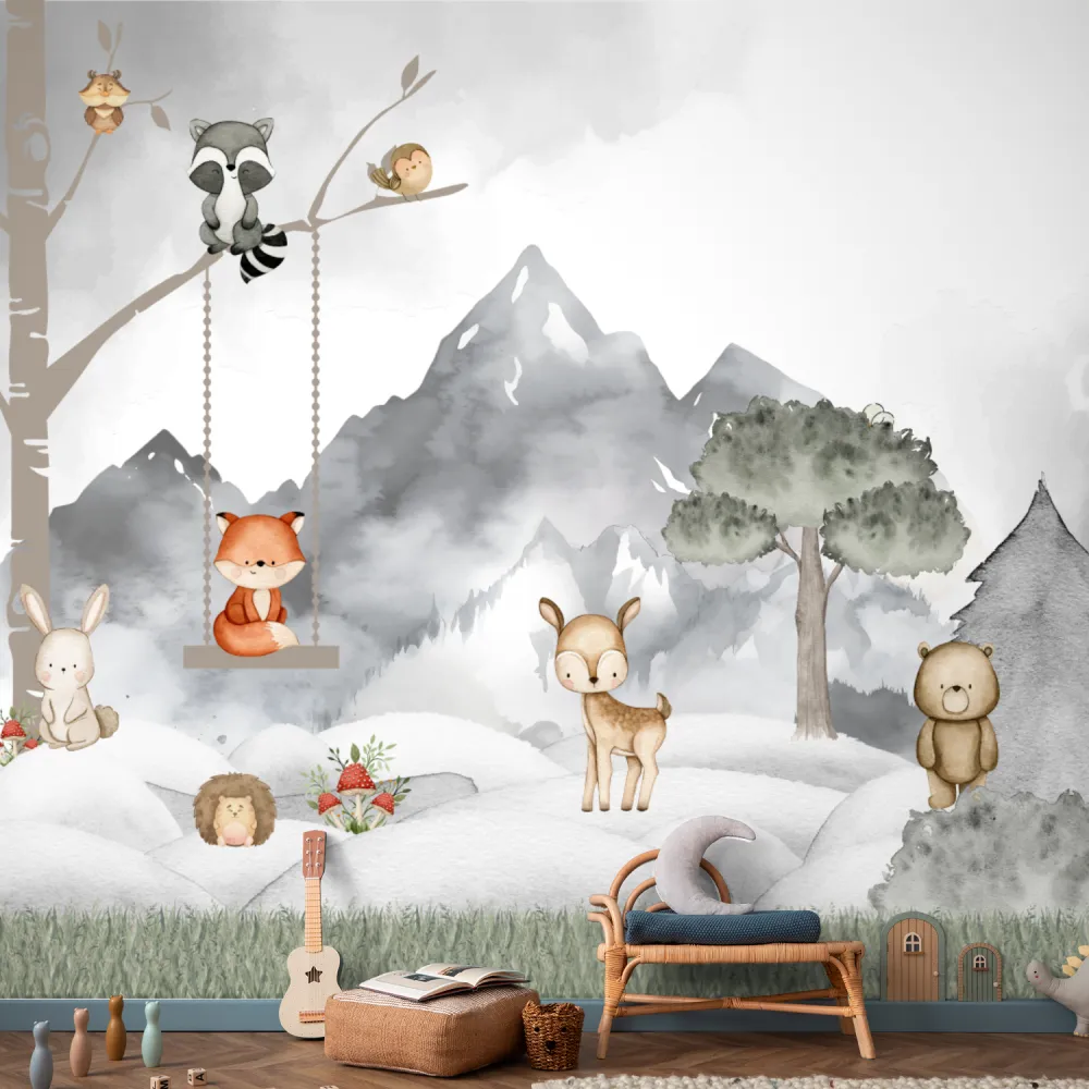Papel de Parede Floresta Encantada Infantil com Raposa e Animais do Bosque