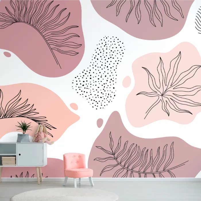 Papel de Parede Folhagem Boho em Tons Rosé para Sala e Quarto Moderno
