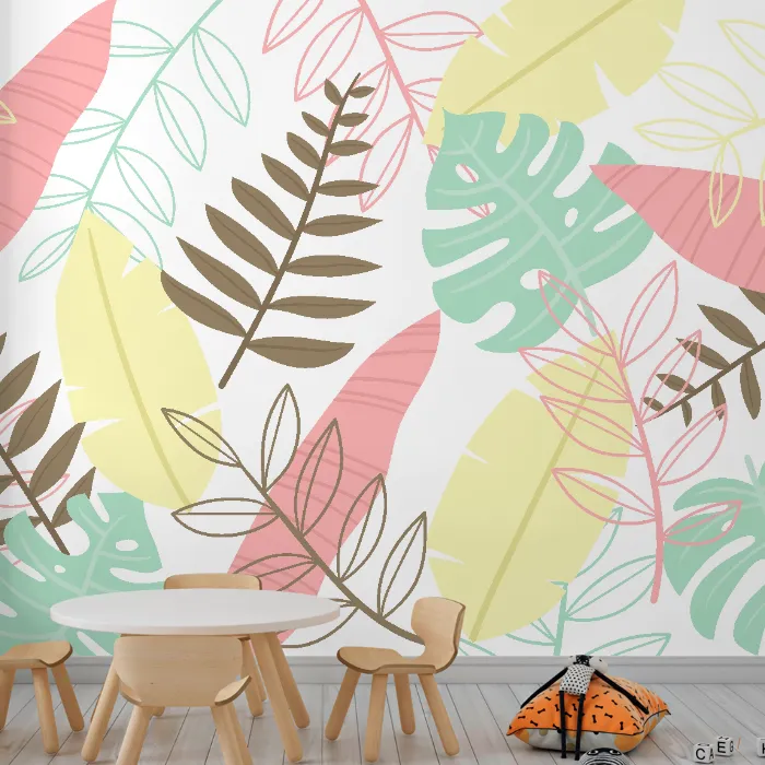 Papel de Parede Folhagem Tropical em Tons Pastel