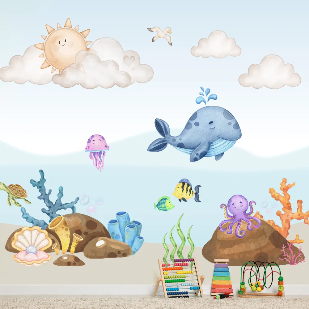 Papel de Parede Fundo do Mar Baby Aquarela com Baleia e Animais Marinhos