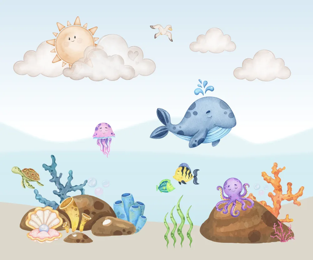 Papel de Parede Fundo do Mar Baby Aquarela com Baleia e Animais Marinhos