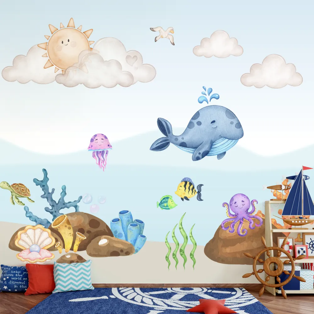 Papel de Parede Fundo do Mar Baby Aquarela com Baleia e Animais Marinhos