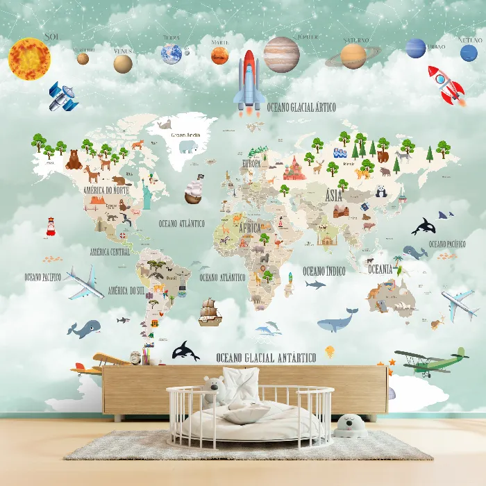 Papel de Parede Mapa Múndi Infantil Educativo com Sistema Solar e Animais