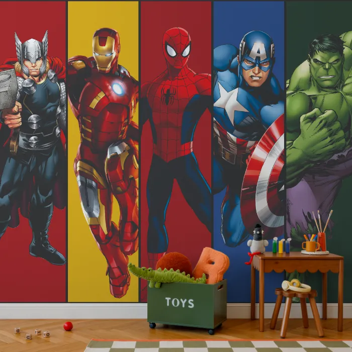 Papel de Parede Heróis Marvel com Homem de Ferro, Thor e Hulk para Quarto Infantil