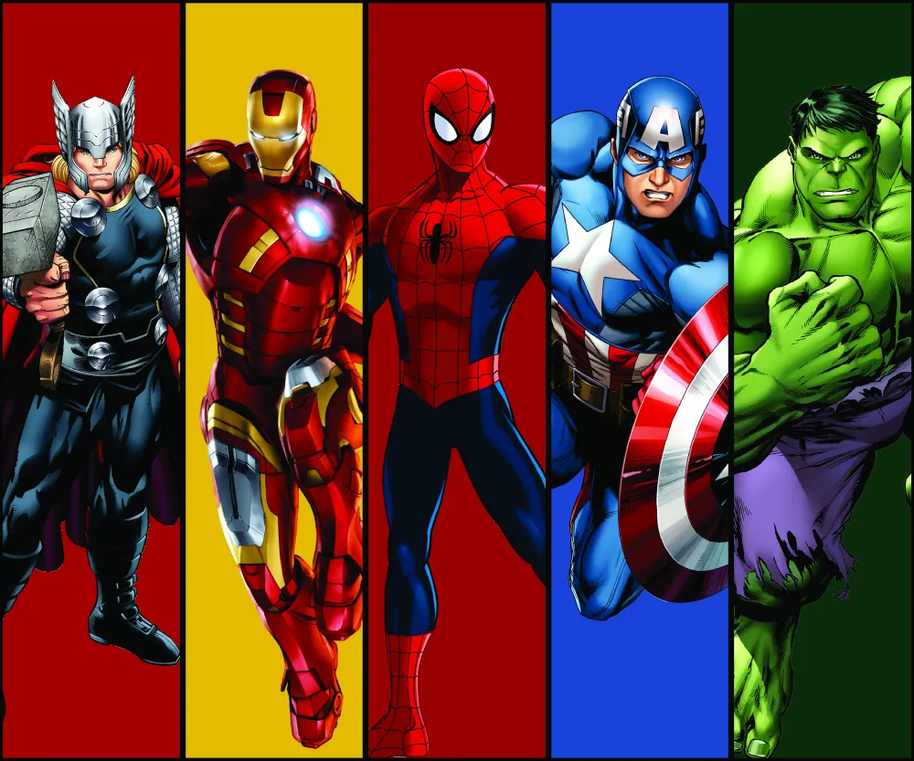 Papel de Parede Heróis Marvel com Homem de Ferro, Thor e Hulk para Quarto Infantil