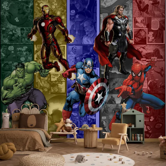 Papel de Parede Heróis Marvel Infantil para Quarto de Menino com Vingadores em Ação